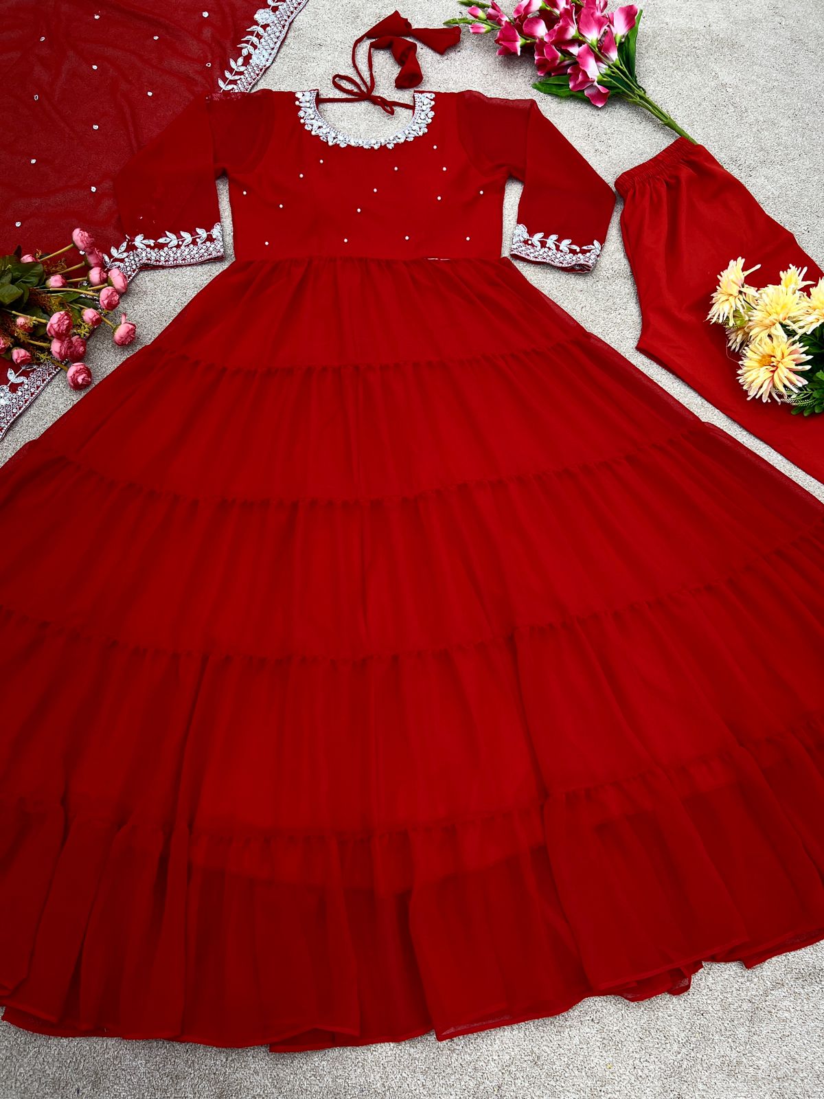 Ruffle Style Red Color Sequence Work Anarkali Gown