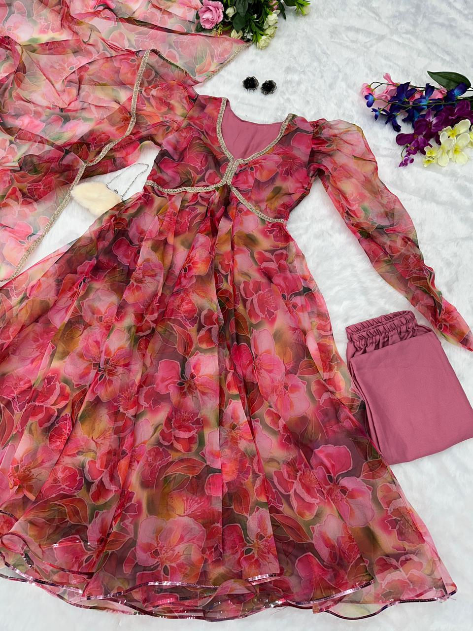 Organza Dusty Pink Color Organza Anarkali Suit