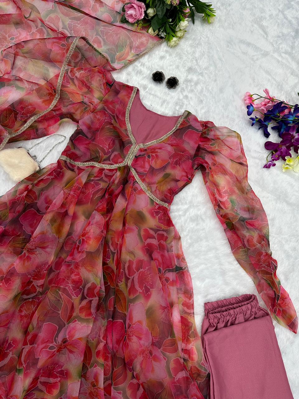 Organza Dusty Pink Color Organza Anarkali Suit