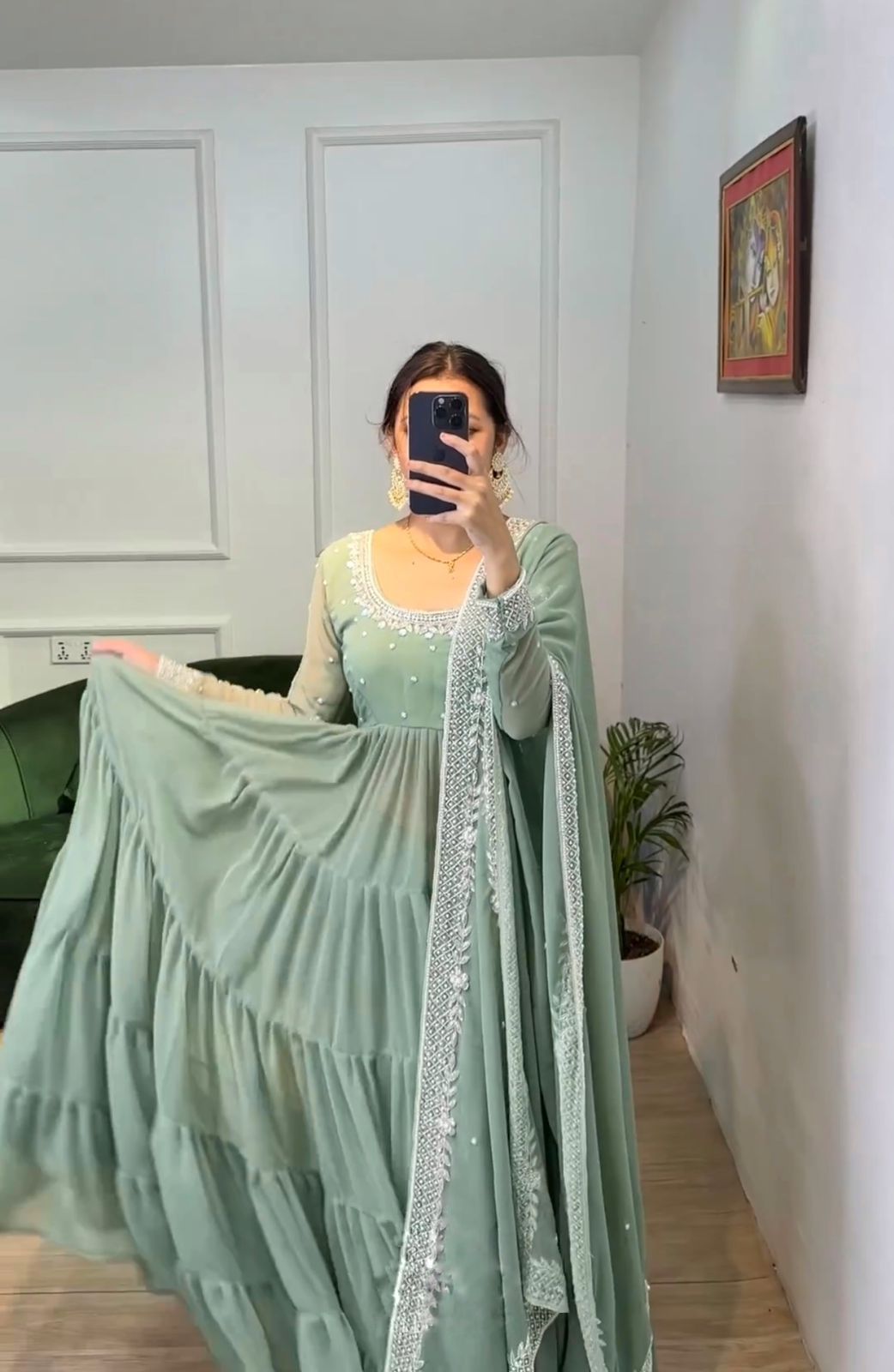 Trendy Pista Green Color Ruffle Style Anarkali Gown