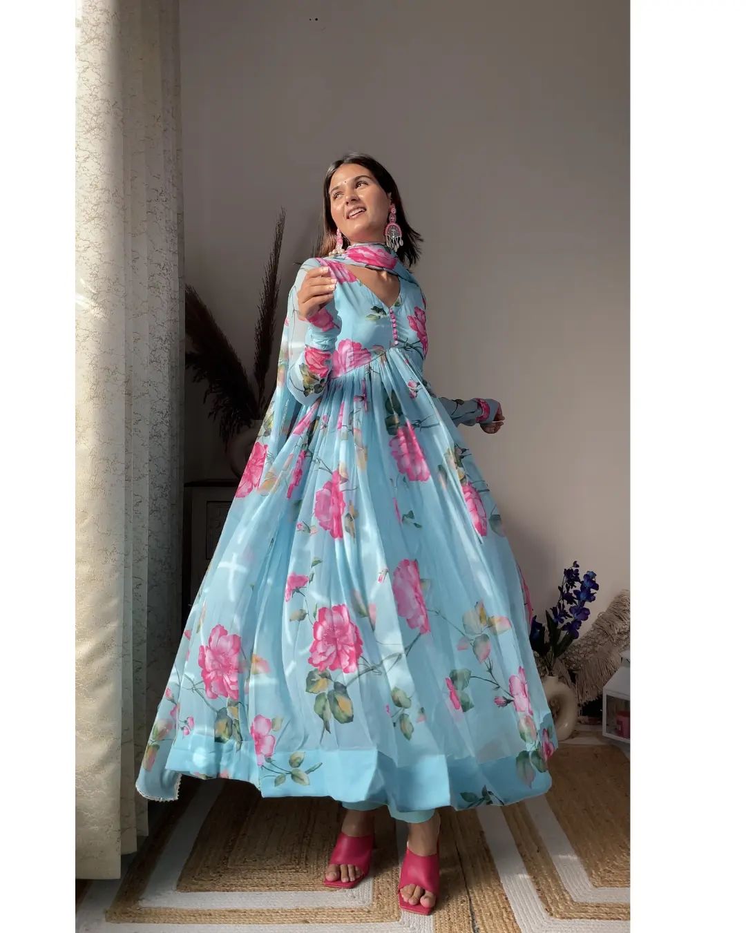 Sky Blue Floral Organza Anarkali Suit Set