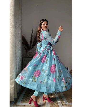 Sky Blue Floral Organza Anarkali Suit Set