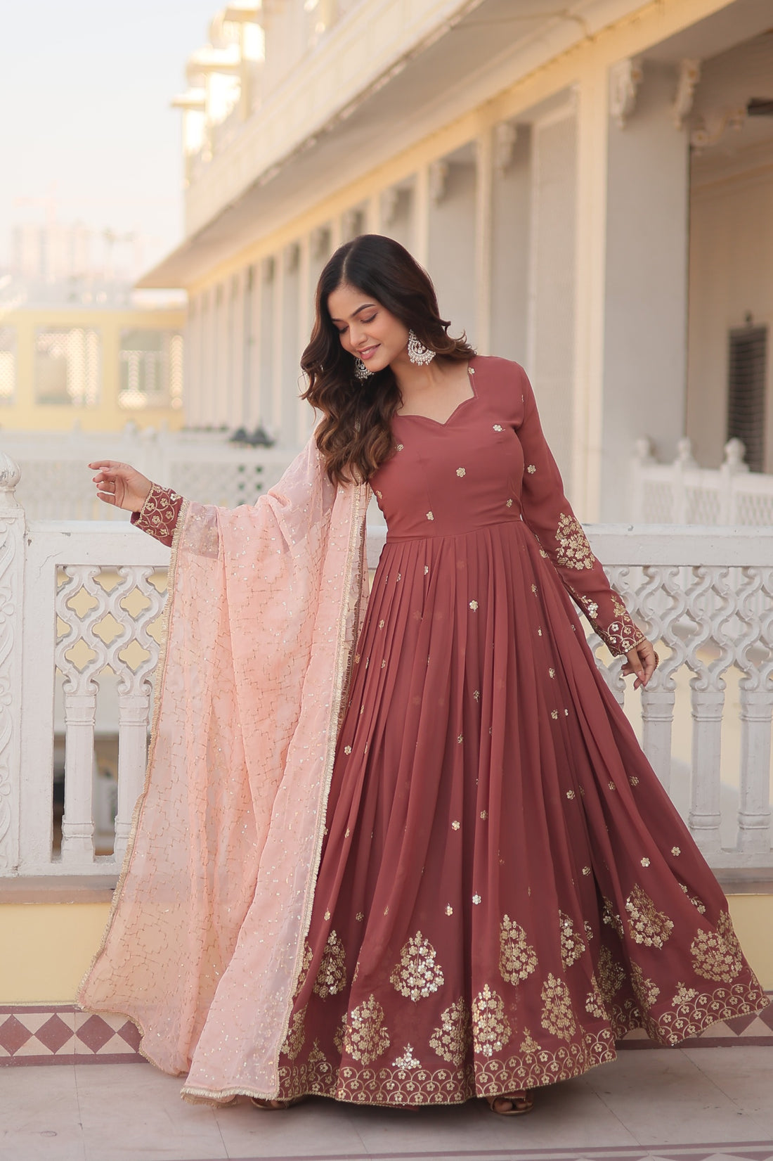 Luxuriant Zari With Sequence Work Chocolate Color Gown