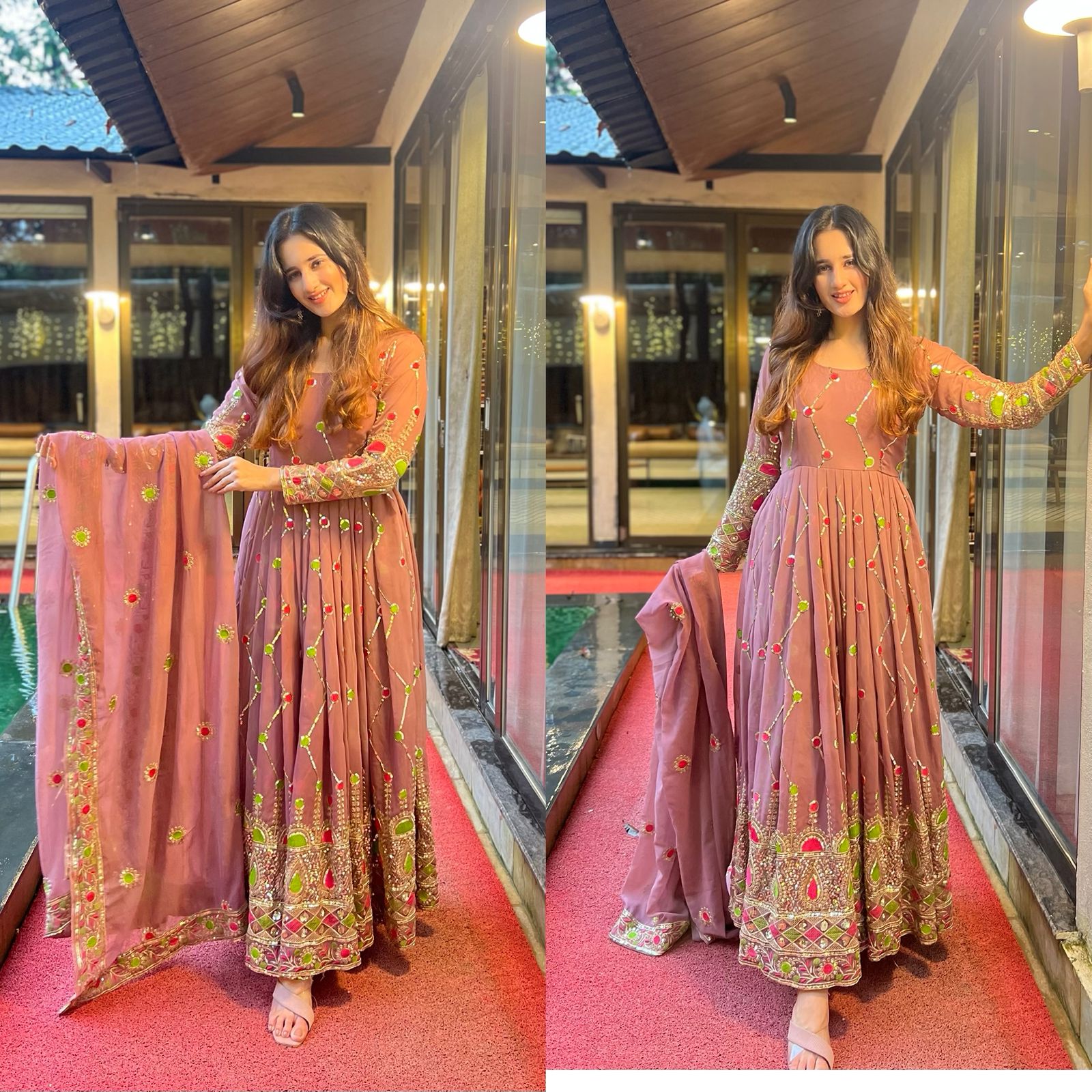 Imposing Sequence And Embroidery Work Peach Color Gown