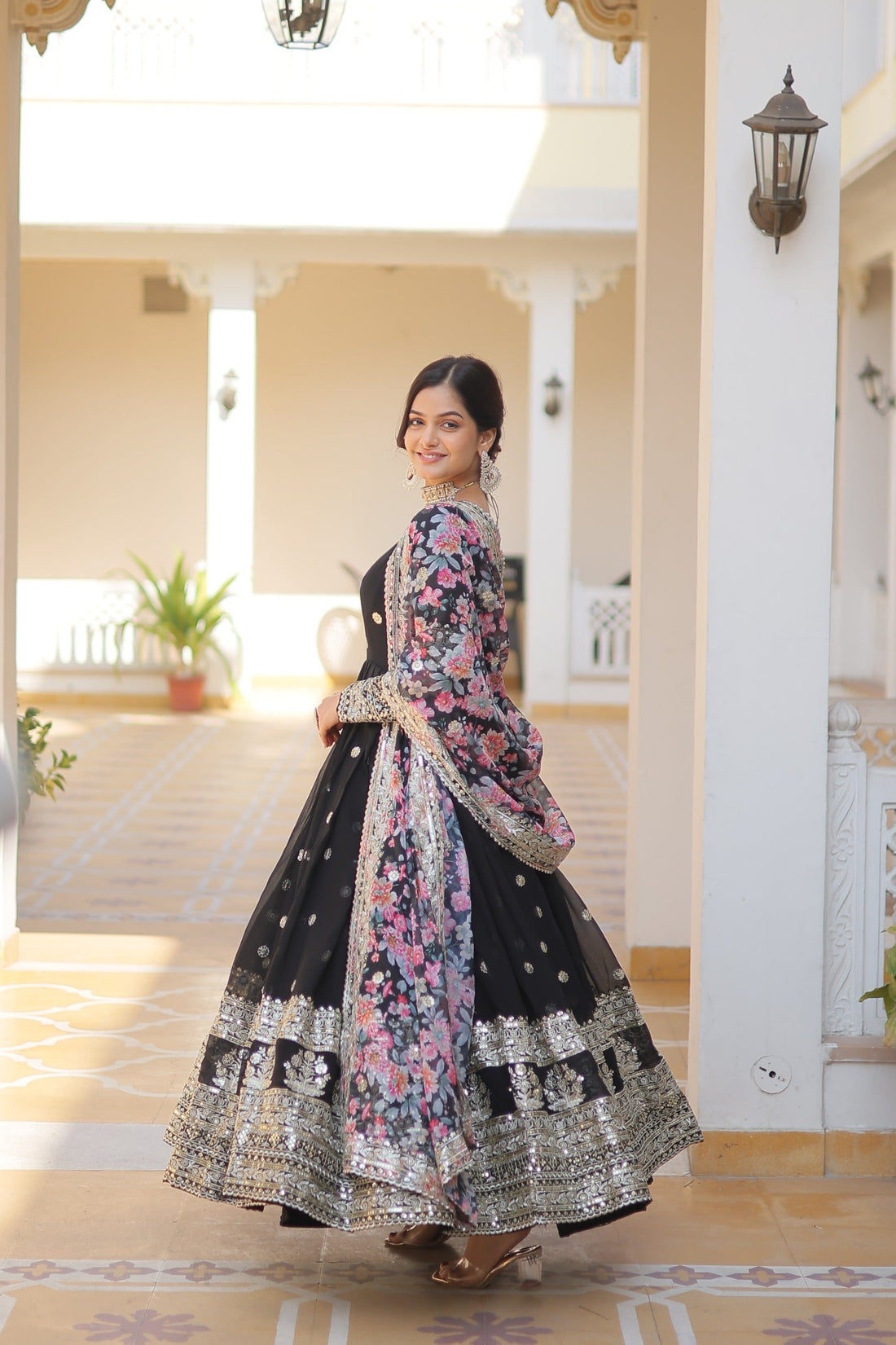 Black Embroidered Faux Georgette Anarkali Gown with Dupatta