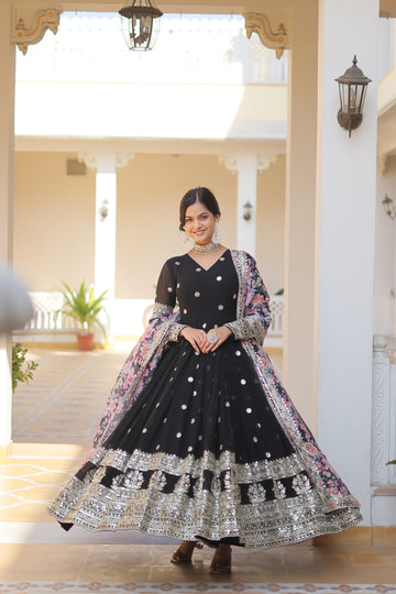 Black Embroidered Faux Georgette Anarkali Gown with Dupatta