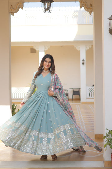 Sky Blue Embroidered Faux Georgette Anarkali Gown with Dupatta