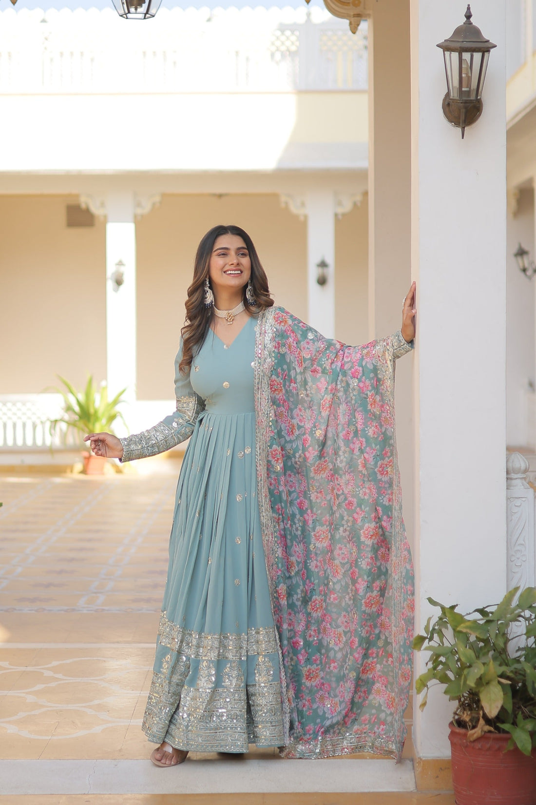 Sky Blue Embroidered Faux Georgette Anarkali Gown with Dupatta