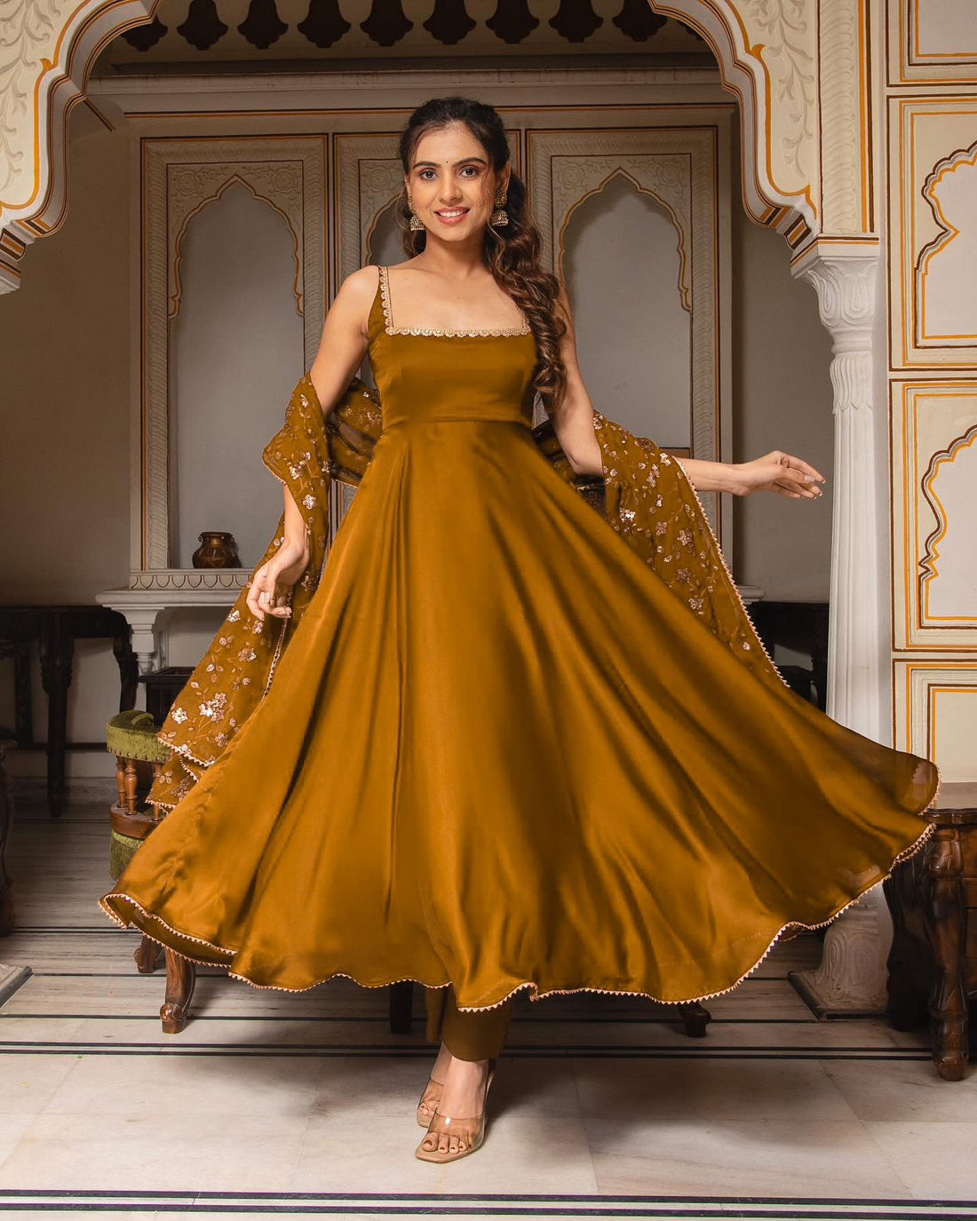 Party Wear Look Georgette Mustered Gown With Work Dupatta