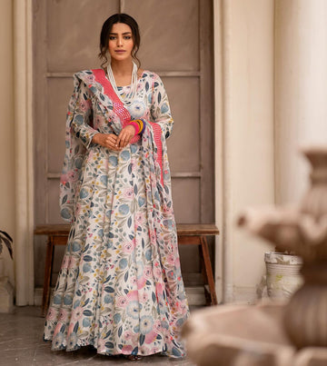 Multicolor Embroidered Sinon Anarkali Gown with Dupatta