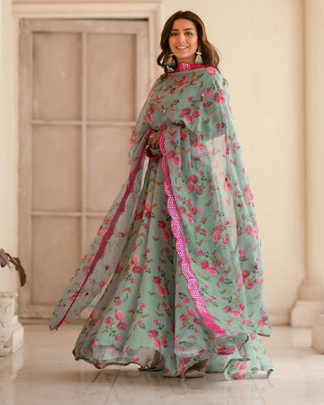 Mehendi Embroidered Sinon Anarkali Gown with Dupatta