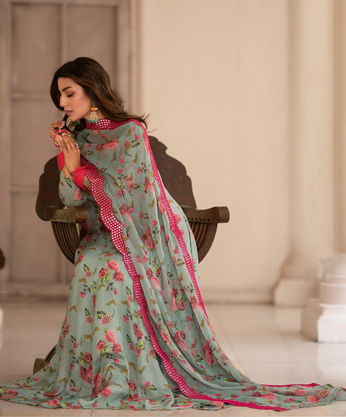Mehendi Embroidered Sinon Anarkali Gown with Dupatta