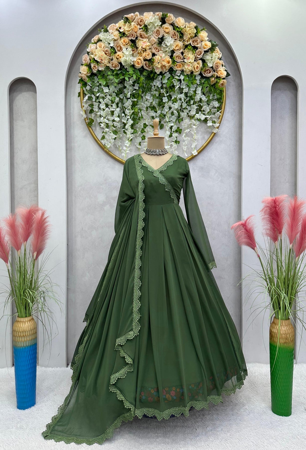 Green Long Flair Anarkali With Dupatta