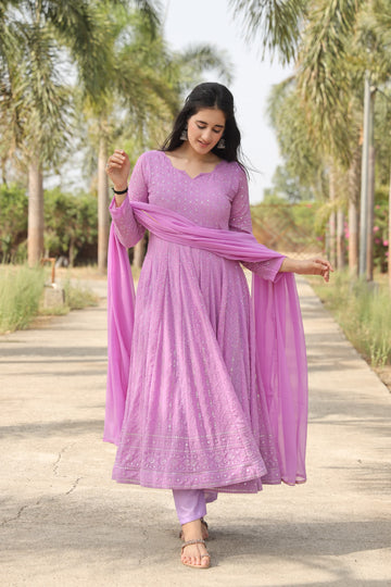 Purple Embroidered Georgette Anarkali Suit Set
