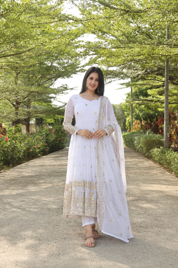 White Multi Embroidered Georgette Anarkali Suit Set