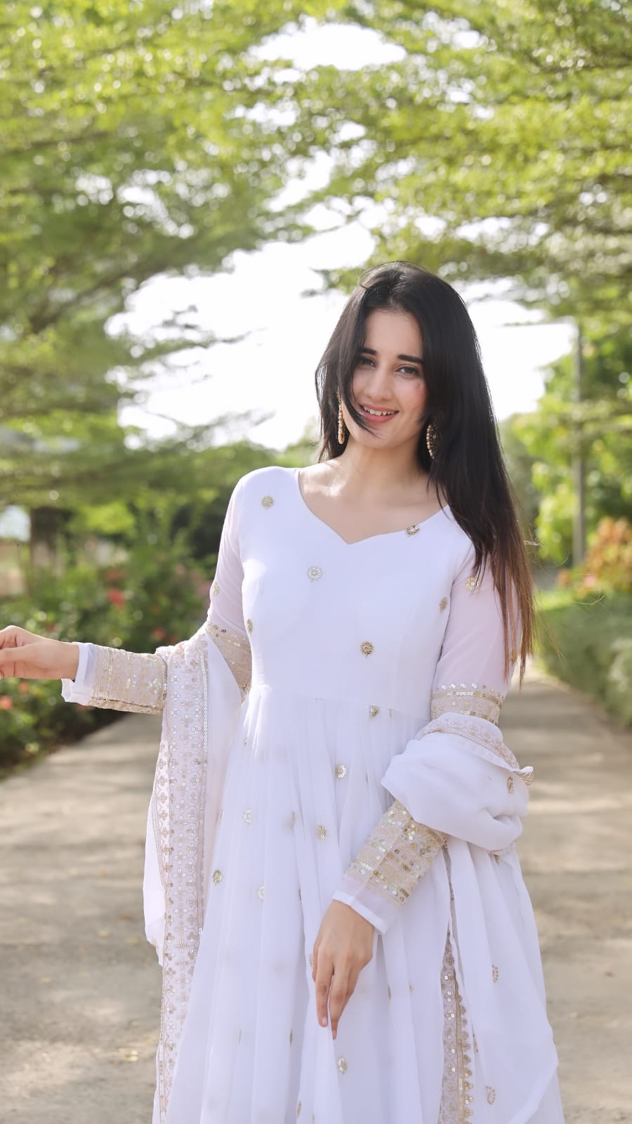 White Multi Embroidered Georgette Anarkali Suit Set
