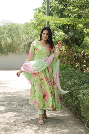 Pista Muslin Hand Print Anarkali Suit Set