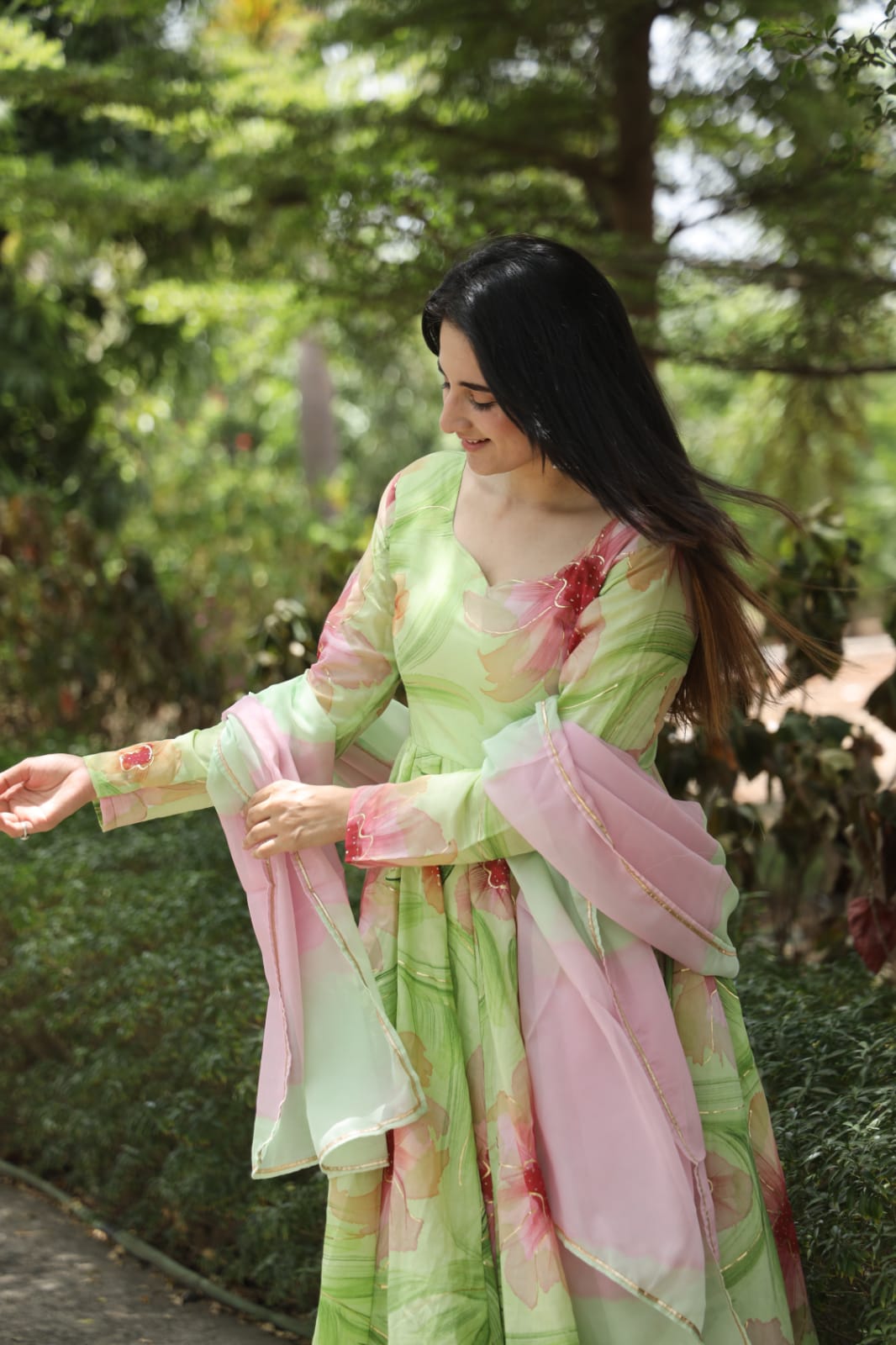 Pista Muslin Hand Print Anarkali Suit Set