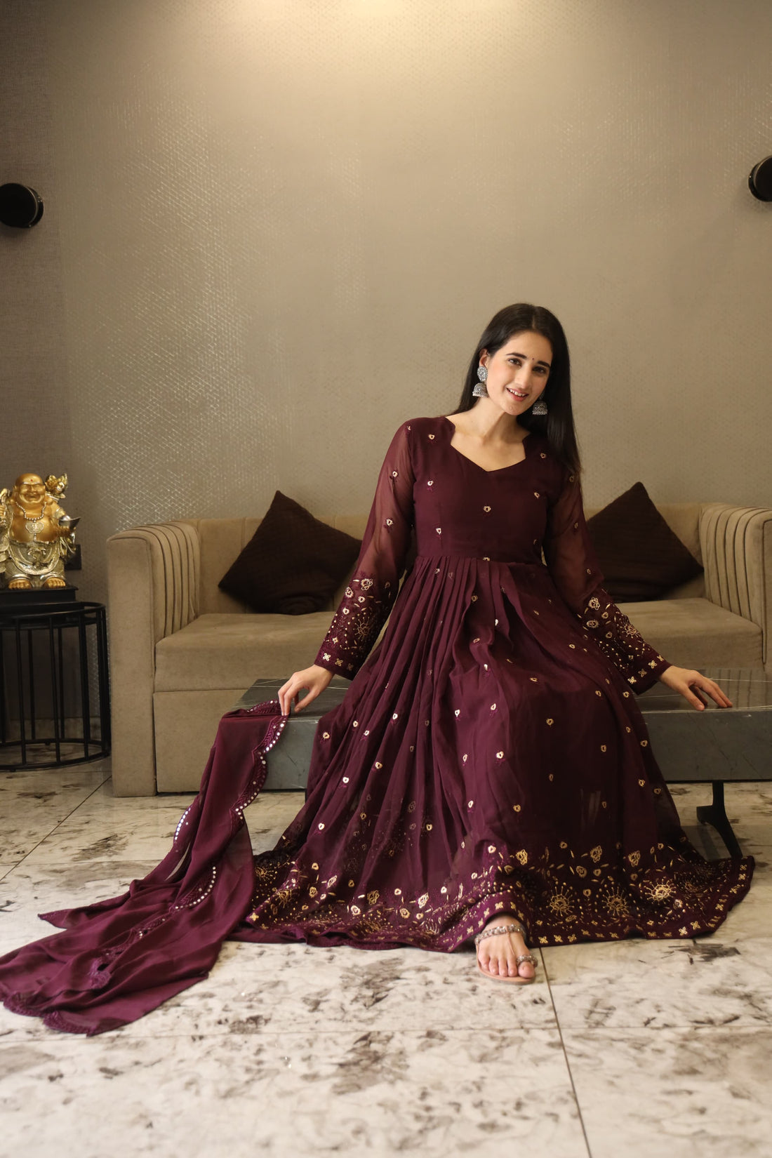 Wine Multi Embroidered Georgette Anarkali Suit Set