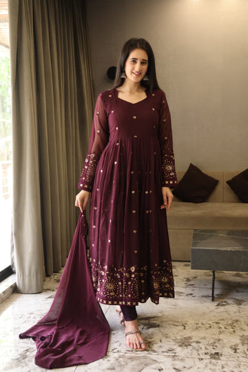 Wine Multi Embroidered Georgette Anarkali Suit Set