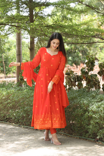 Orange Multi Embroidered Georgette Anarkali Suit Set