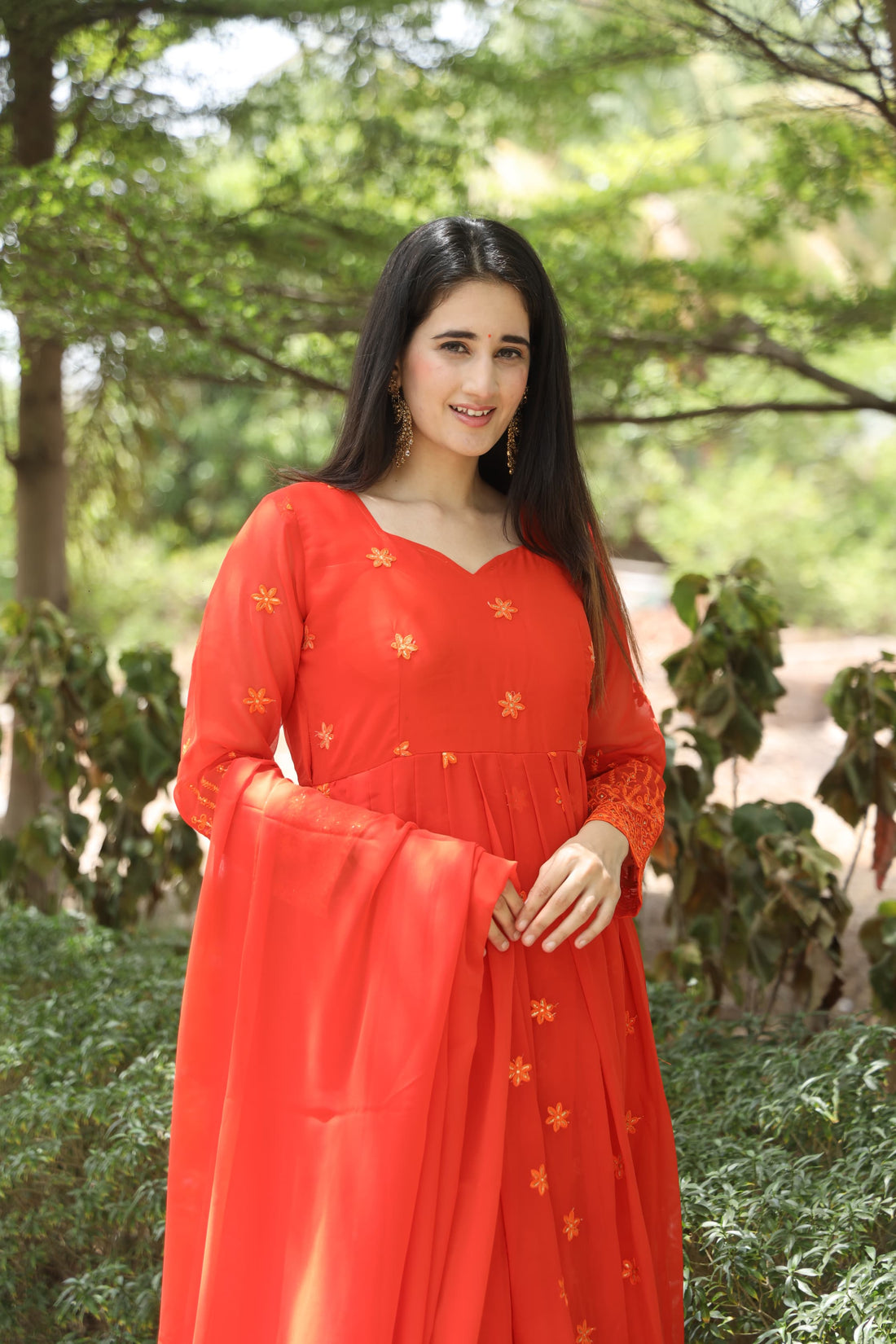 Orange Multi Embroidered Georgette Anarkali Suit Set