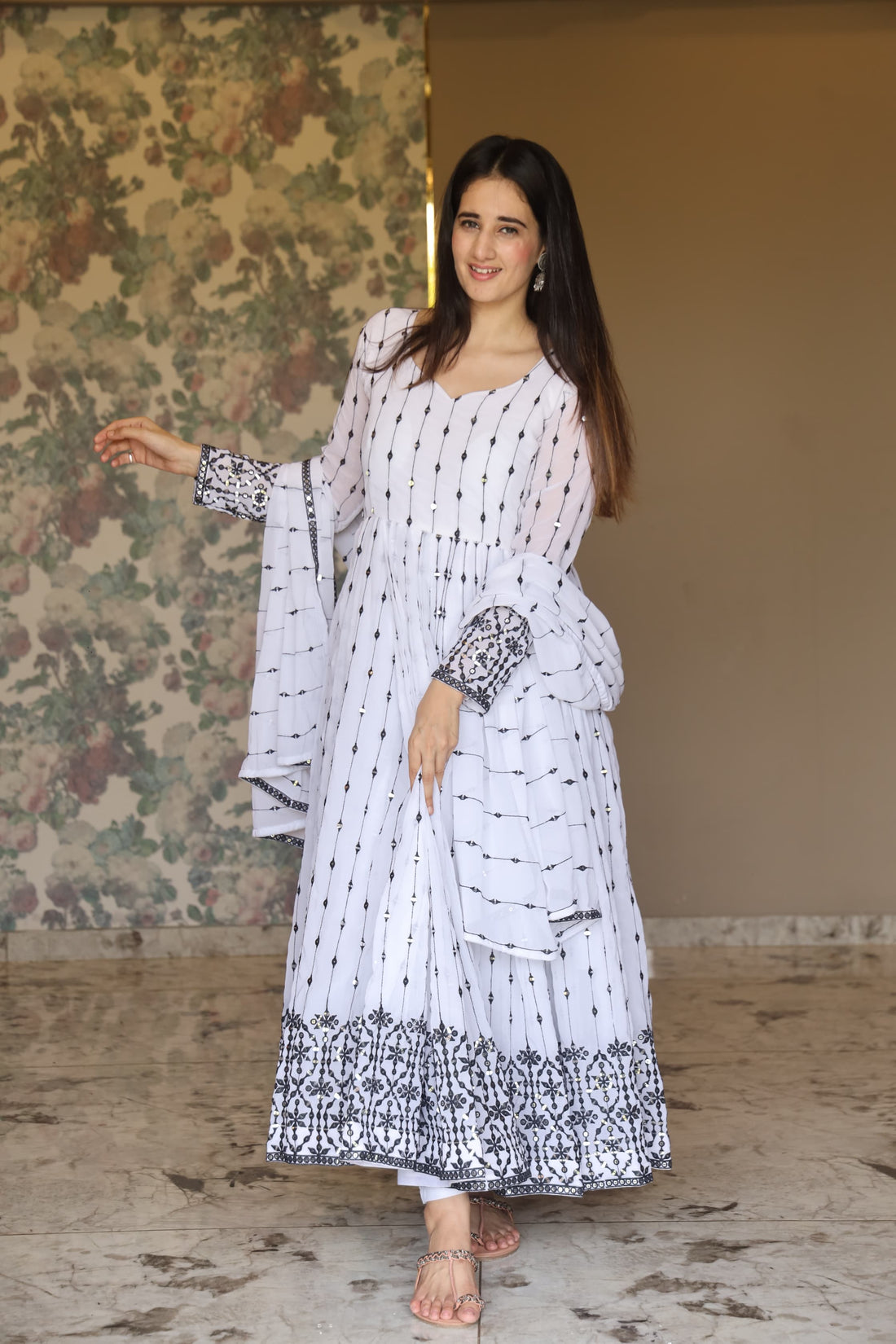 White Embroidered Georgette Anarkali Suit Set