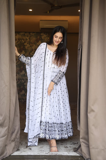 White Embroidered Georgette Anarkali Suit Set