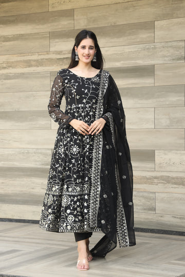 Black Embroidered Georgette Anarkali Suit Set with Dupatta