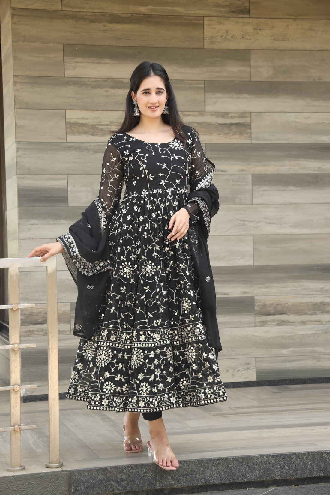Black Embroidered Georgette Anarkali Suit Set with Dupatta