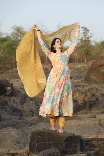 Multicolor Hand Print Organza Anarkali Suit Set