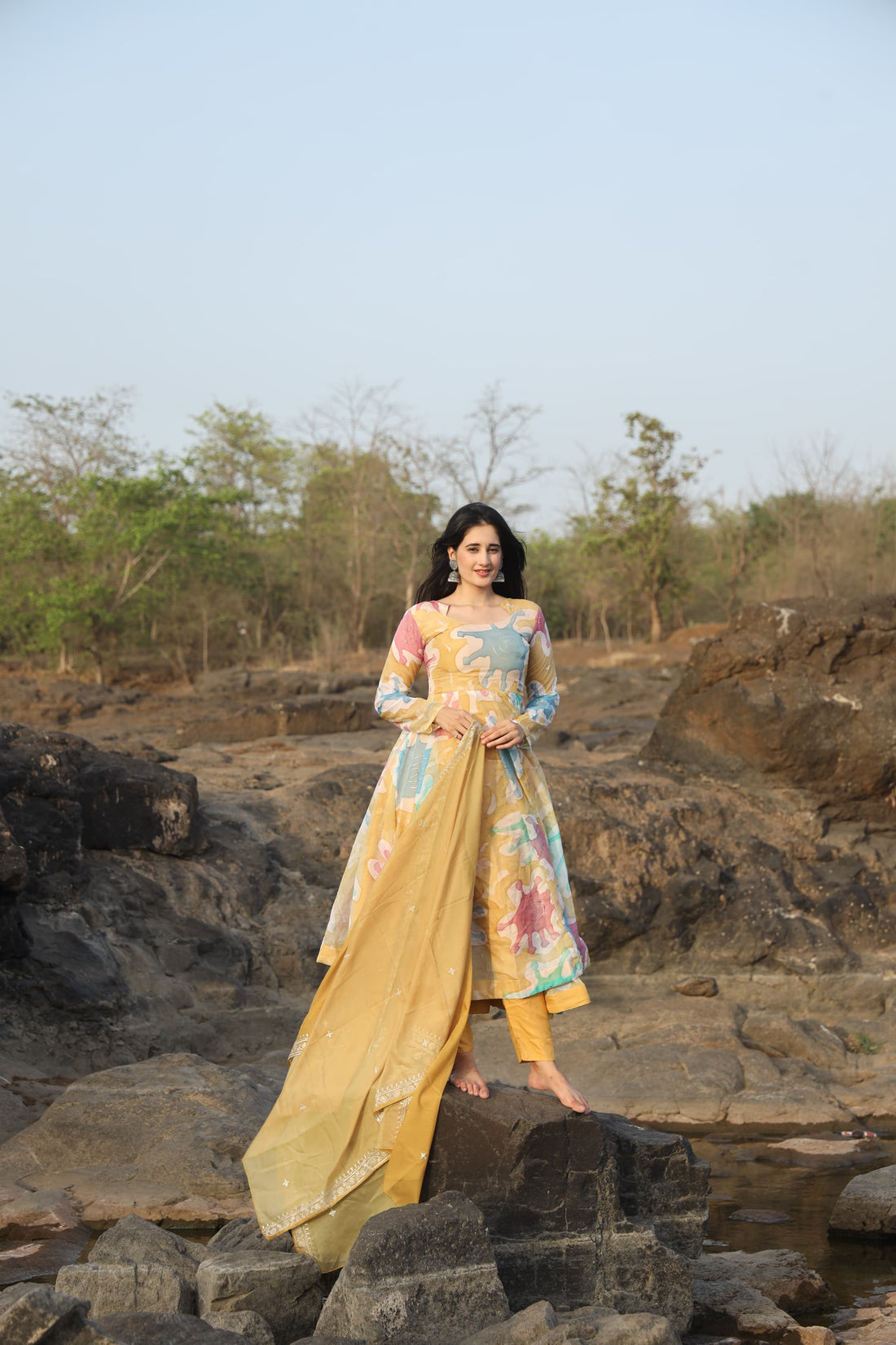 Multicolor Hand Print Organza Anarkali Suit Set