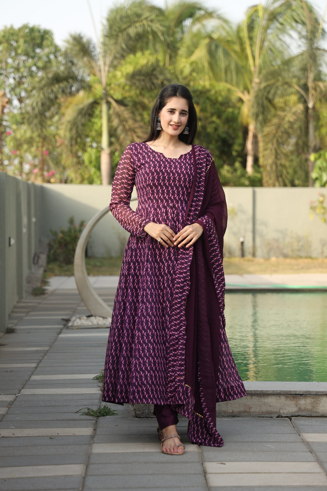 Wine Digital Print Georgette Anarkali Suit Set