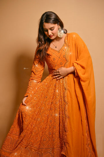 Mustard Yellow Embroidered Georgette Anarkali Suit Set