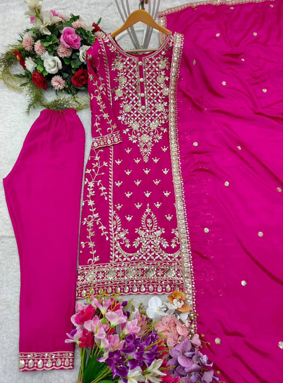 Pure Cinon Top-Plazzo and Dupatta Set Fully Stitched