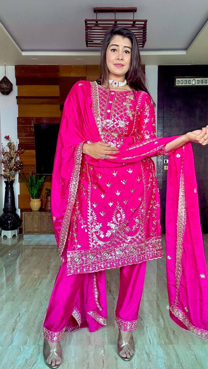 Pure Cinon Top-Plazzo and Dupatta Set Fully Stitched