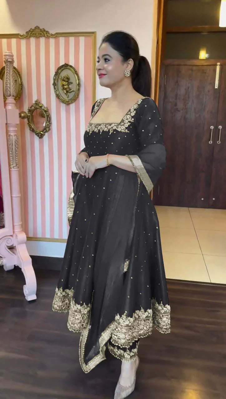 Black Vichitra Silk Kurta Palazzo Set with Dupatta