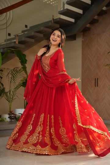 Red Zari Sequin Embroidered Anarkali Gown with Dupatta