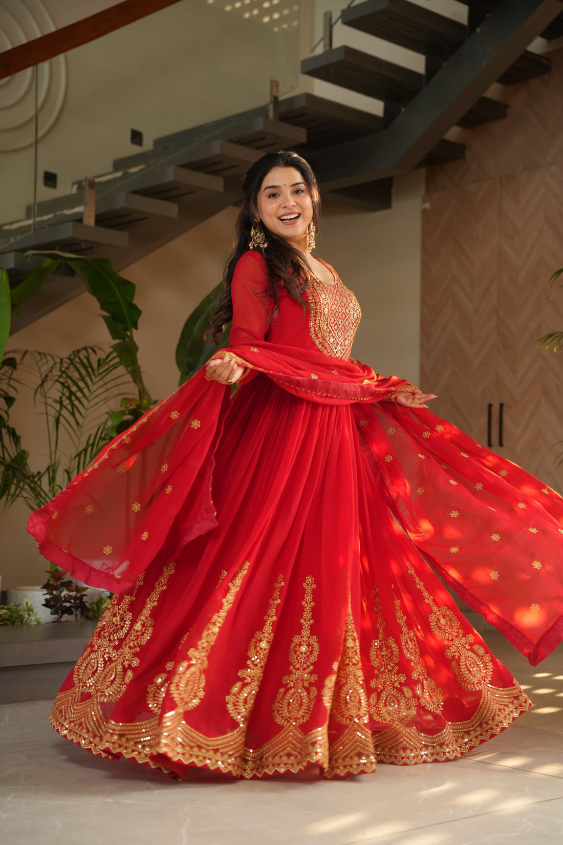 Red Zari Sequin Embroidered Anarkali Gown with Dupatta