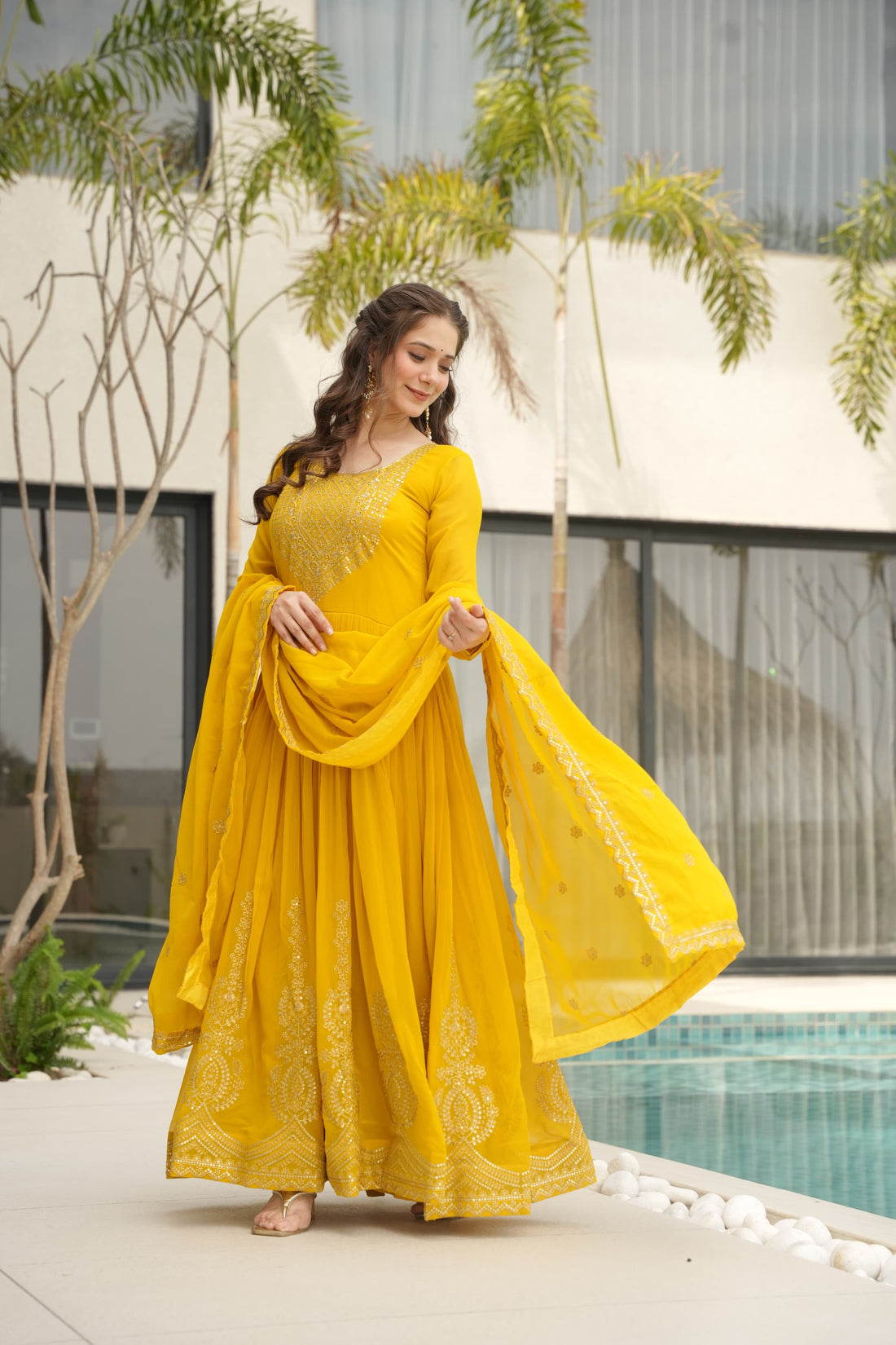 Yellow Zari Sequin Embroidered Anarkali Gown with Dupatta