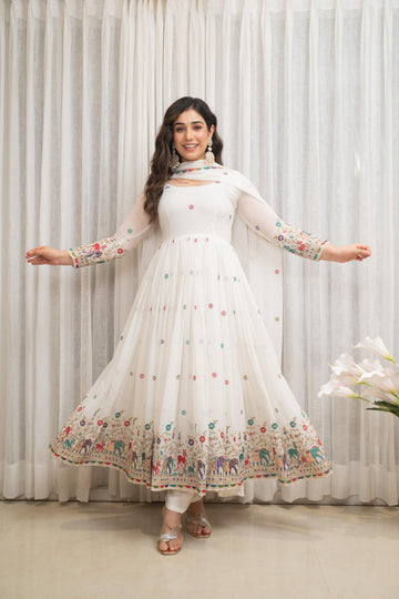 White Faux Georgette Anarkali Set with Dupatta