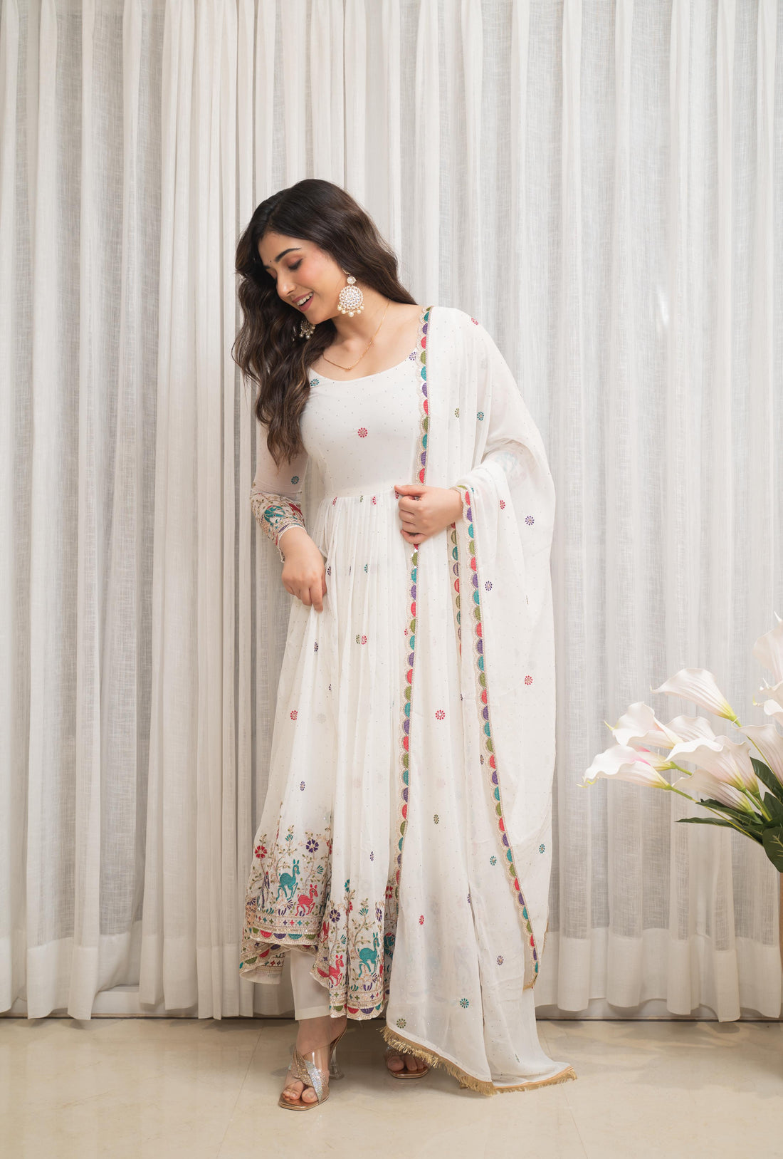 White Faux Georgette Anarkali Set with Dupatta