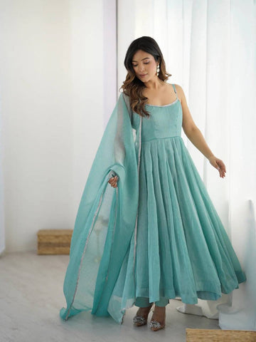 Sky Blue Runchy Silk Anarkali Suit Set