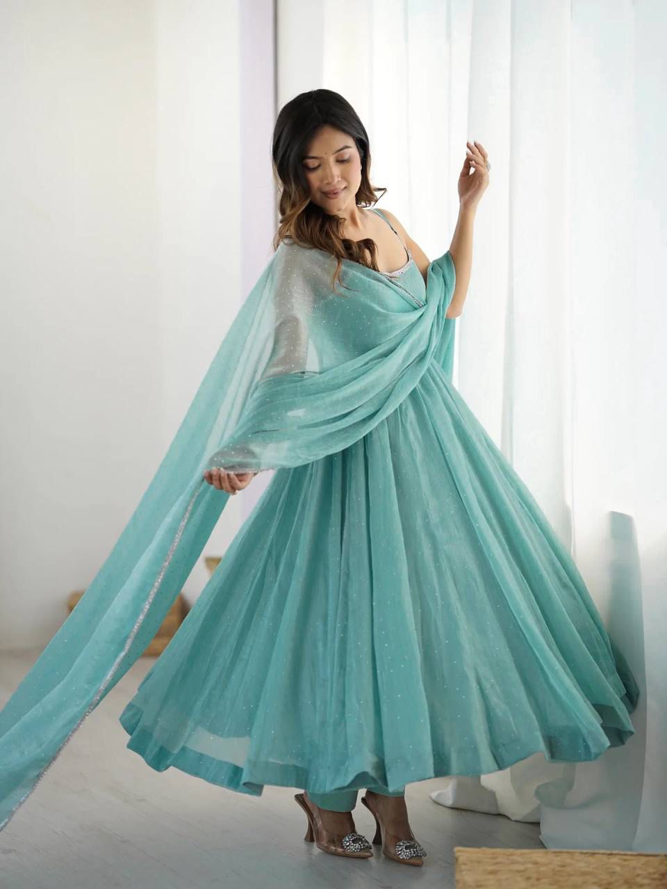 Sky Blue Runchy Silk Anarkali Suit Set