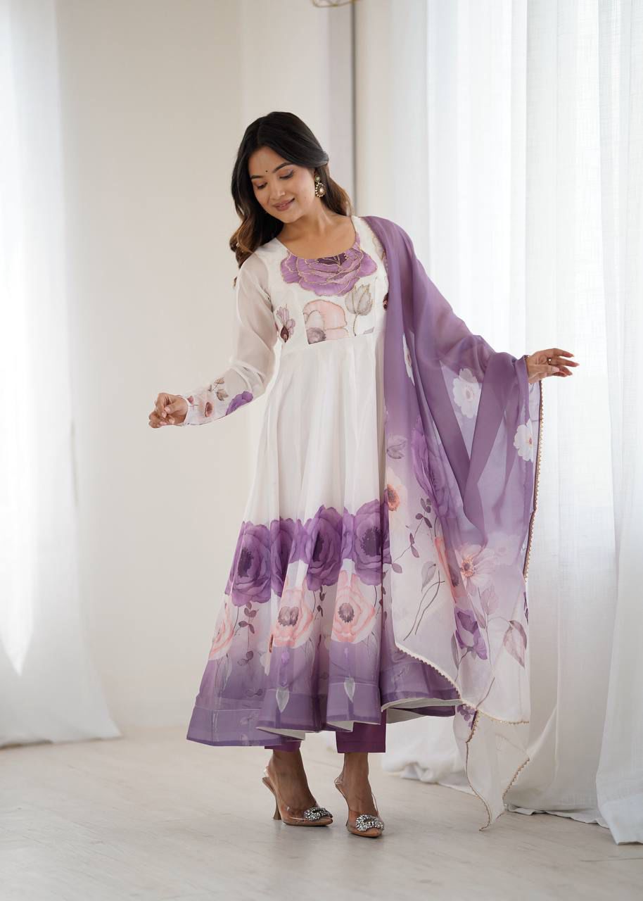 Dusty Purple Organza Silk Printed Anarkali Suit Set