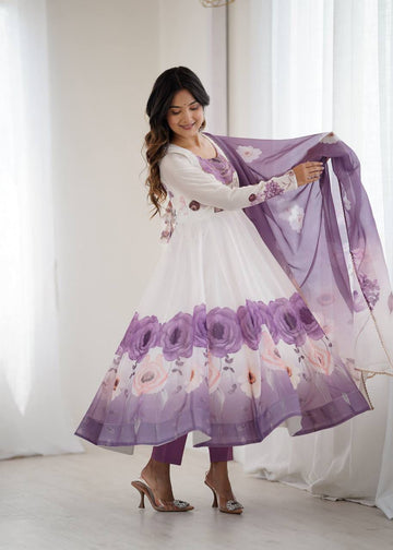 Dusty Purple Organza Silk Printed Anarkali Suit Set