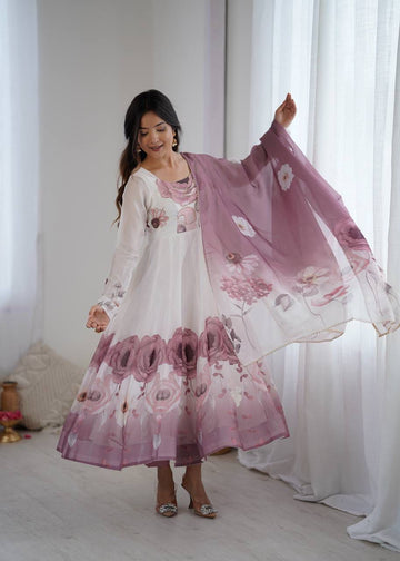 Rose Pink Organza Silk Printed Anarkali Suit Set