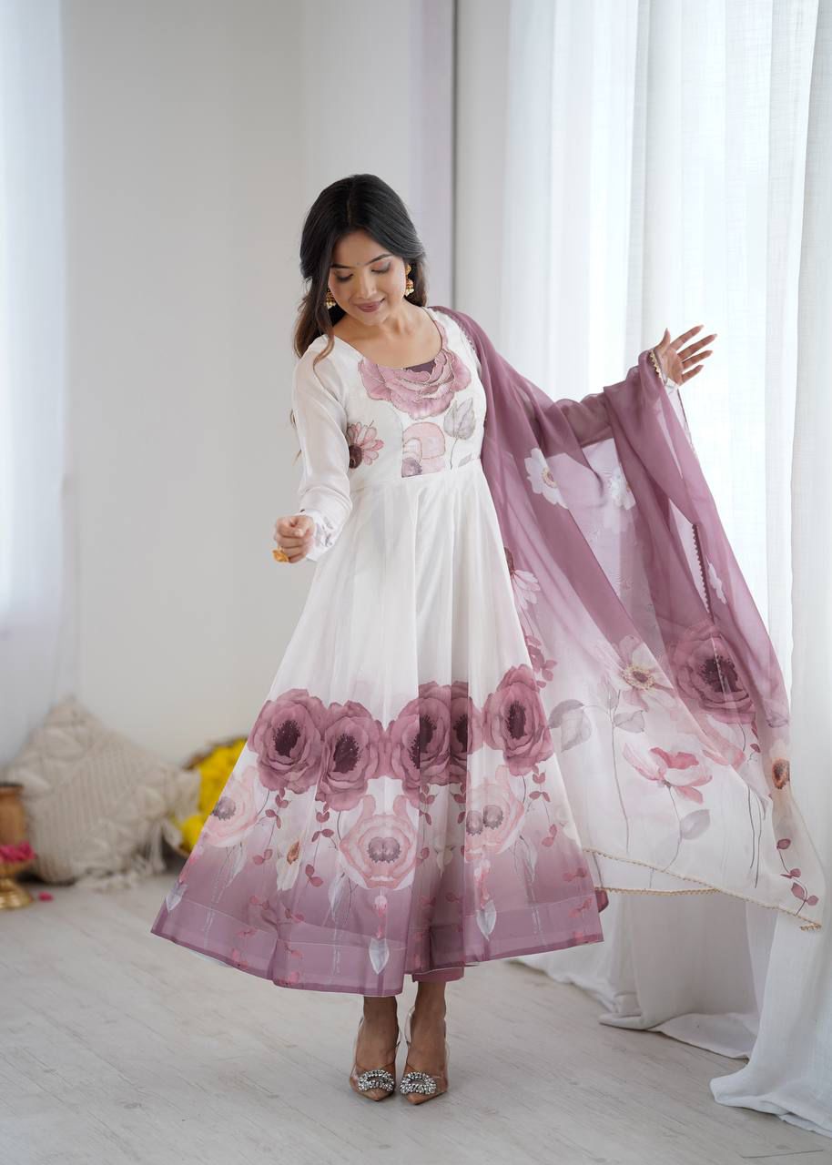 Rose Pink Organza Silk Printed Anarkali Suit Set