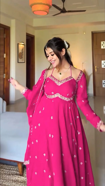 Rani Chilli Faux Blooming Slit Anarkali Suit Set