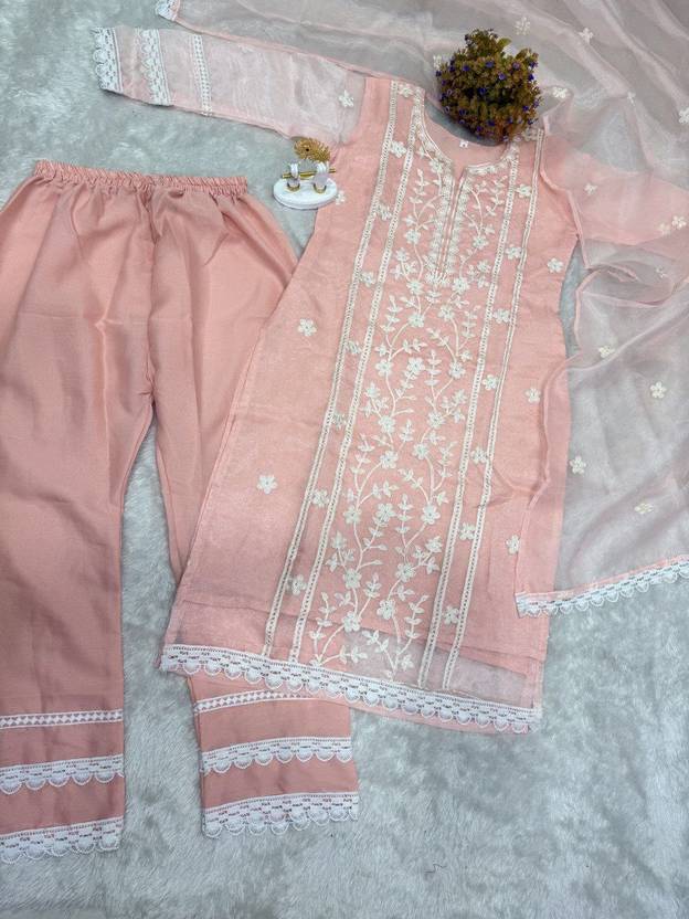 Orange Organza Designer Embroidered Kurti & Dupatta Set